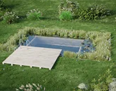 Schwimmteich Badolino mit abgegrenztem Rand und kleiner Terasse Grafik des Schwimmteiches Badolino, abgegrenzter Rand, kleine Terasse